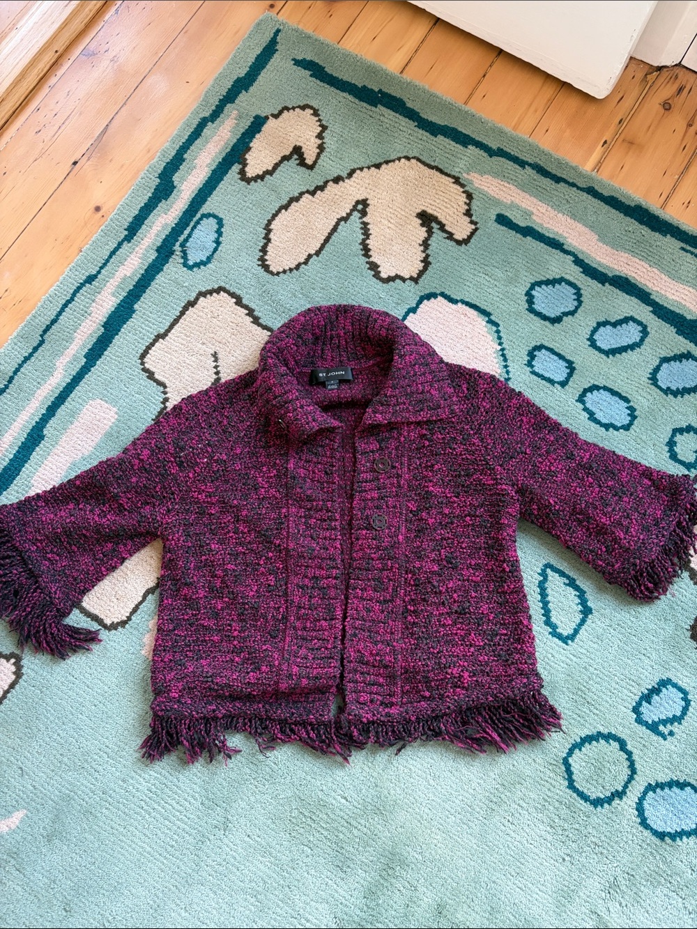 St. John Textured Knit Fringe Jacket - Deep Magenta